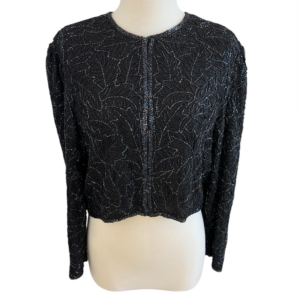 Vintage 80s Night Vogue Black Beaded Silk Cropped Jacket Petite Large